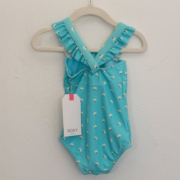 Roxy Girl Blue Floral Ruffle Strap One-Piece Swimsuit Size 2 Baby - Picture 2 of 3